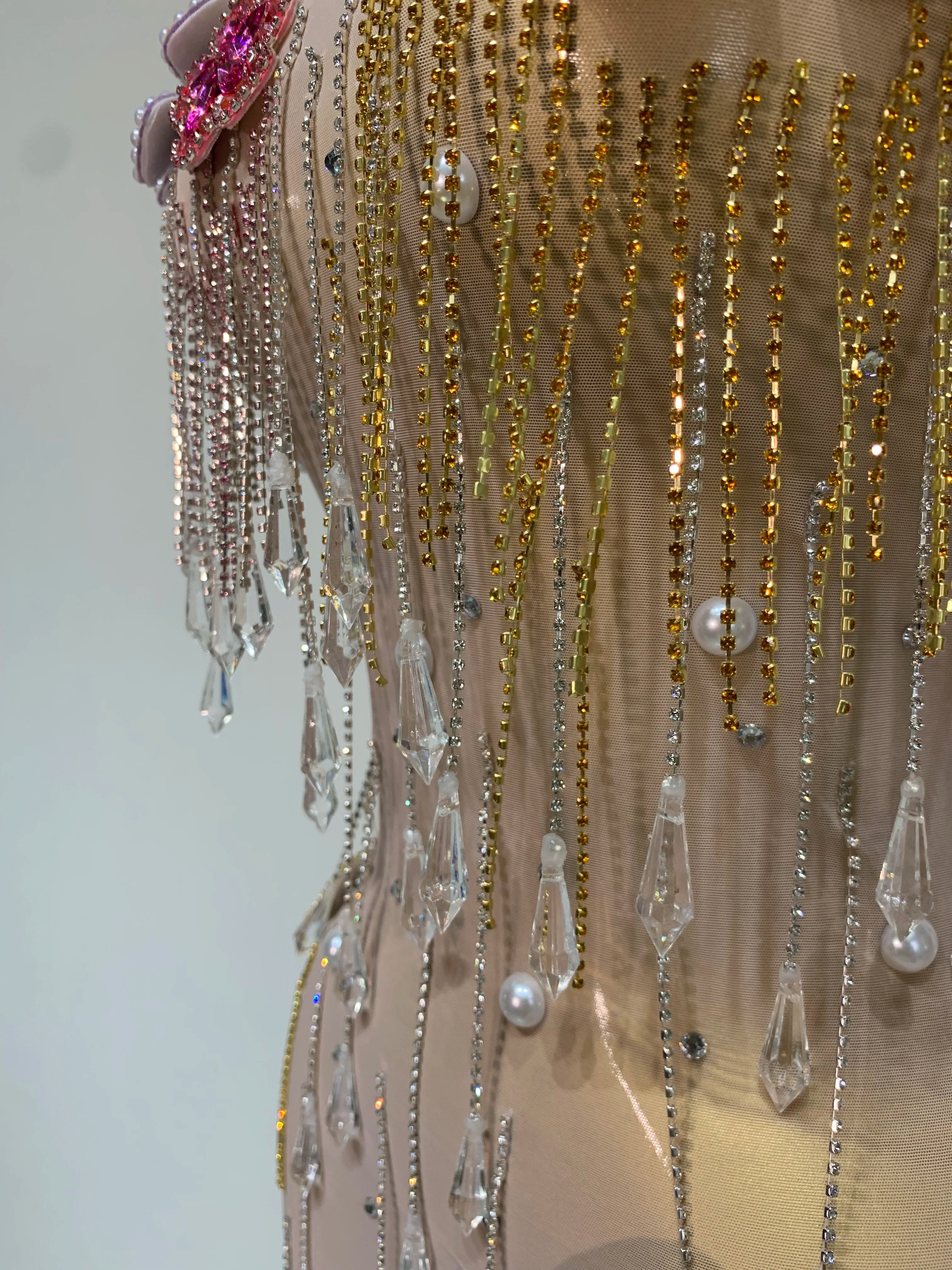 Colorful Rhinestone Pearl Sheer Dress & Two-Piece Mini Skirt Set Celebration Outfit