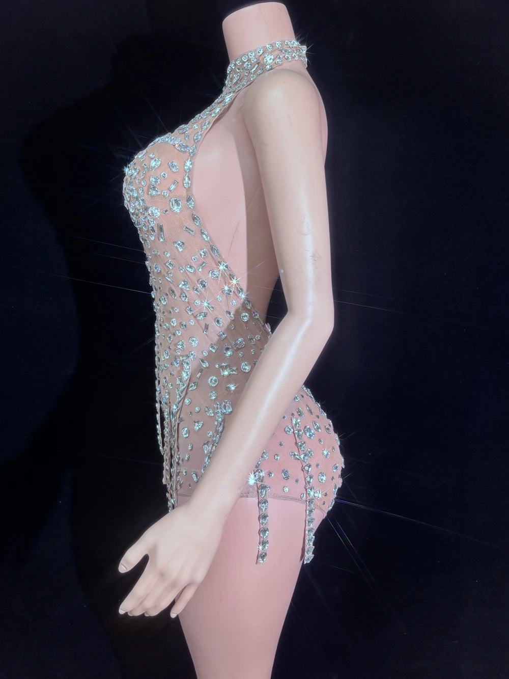 Silver Crystal Halter Illusion Bodysuit Sparkly Backless Rhinestone Stage Leotard