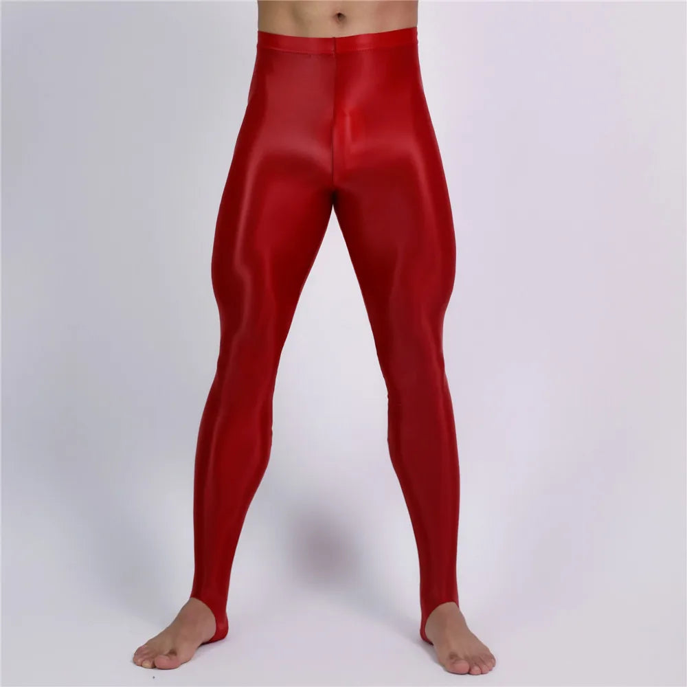Men's Slim Tights Pencil Pants Stain Smooth  Oil Glossy Shiny Elastic Yoga Leggings Sheer See Through Full Pants Plus Size