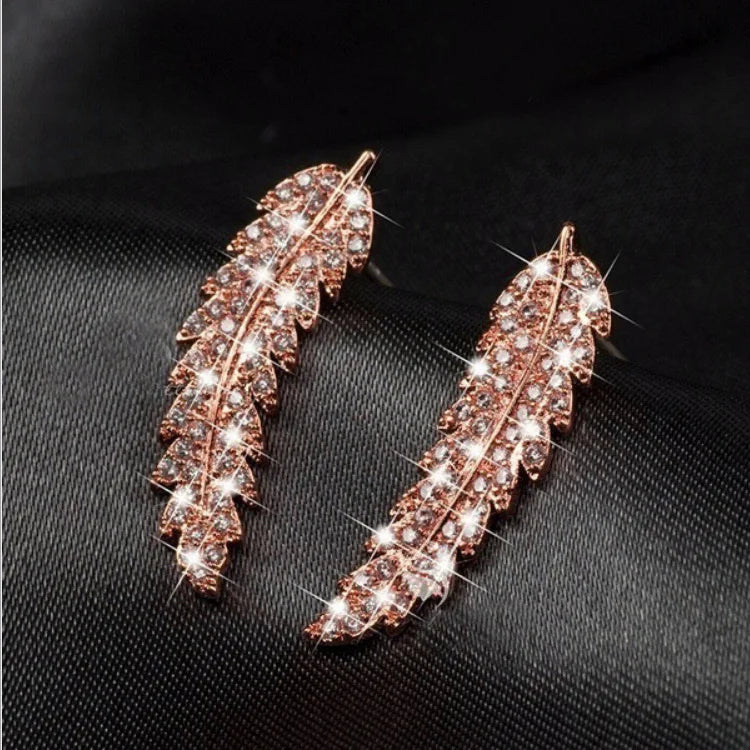 Crystal Leaf Feather Ear Climbers