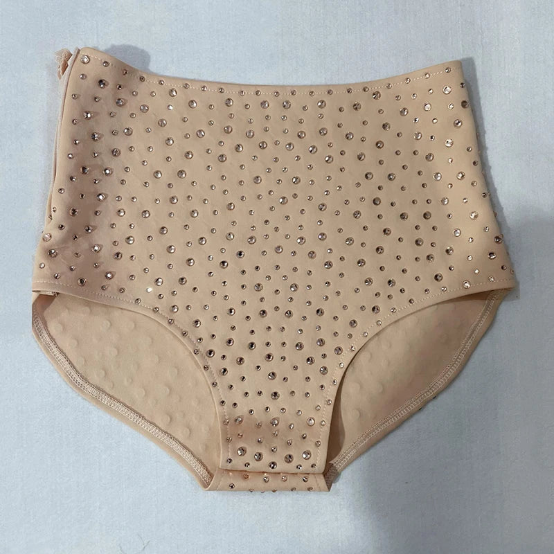 Skin Tone High-Waist Rhinestone Bikini Shorts & Pole Dance Performance Outfit