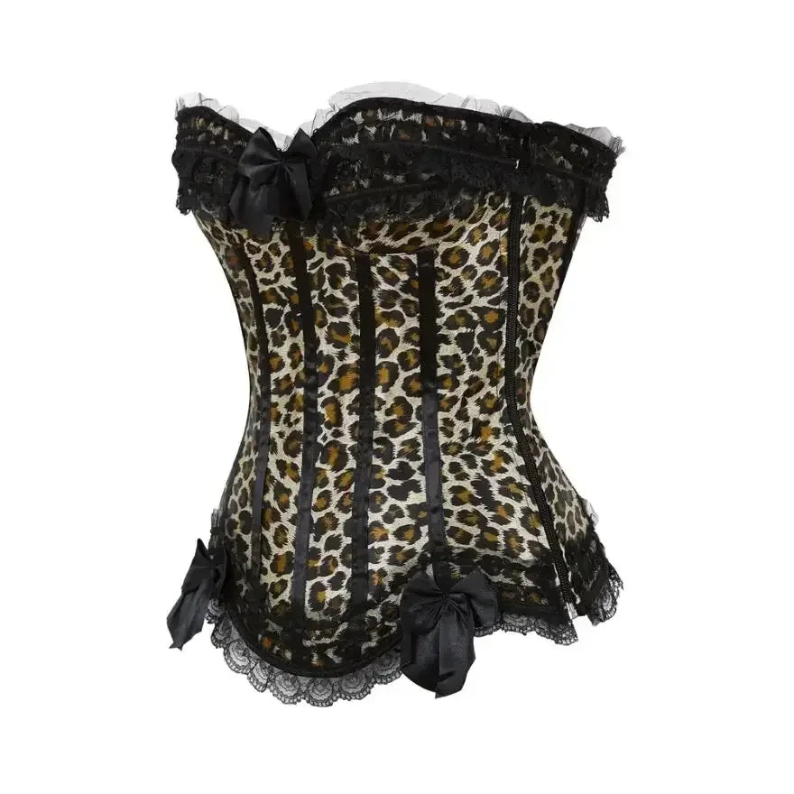 Leopard Satin Overbust Corset Lace Bowknot Clubwear Showgirl Body Shaper