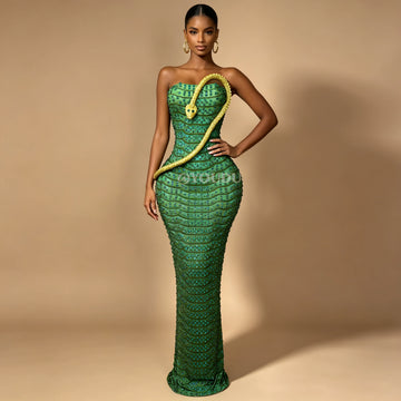 Emerald Snake Rhinestone Illusion Strapless Gown Sculpted Serpent Floor-Length Evening Dress