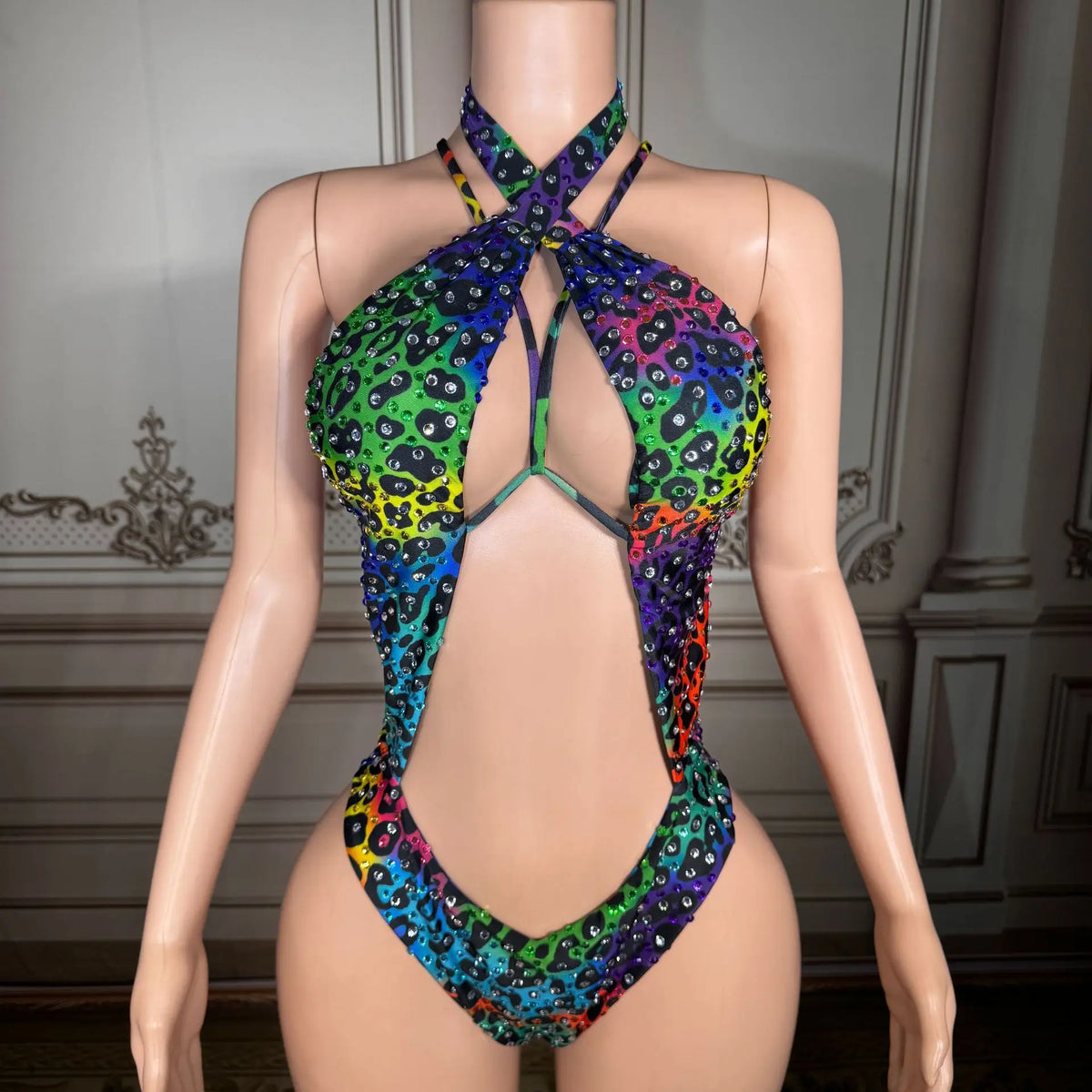 Women's Leopard Print Rhinestone One-Piece Swimsuit | Halter Neck Waterdrop Bead Cutout Swimwear