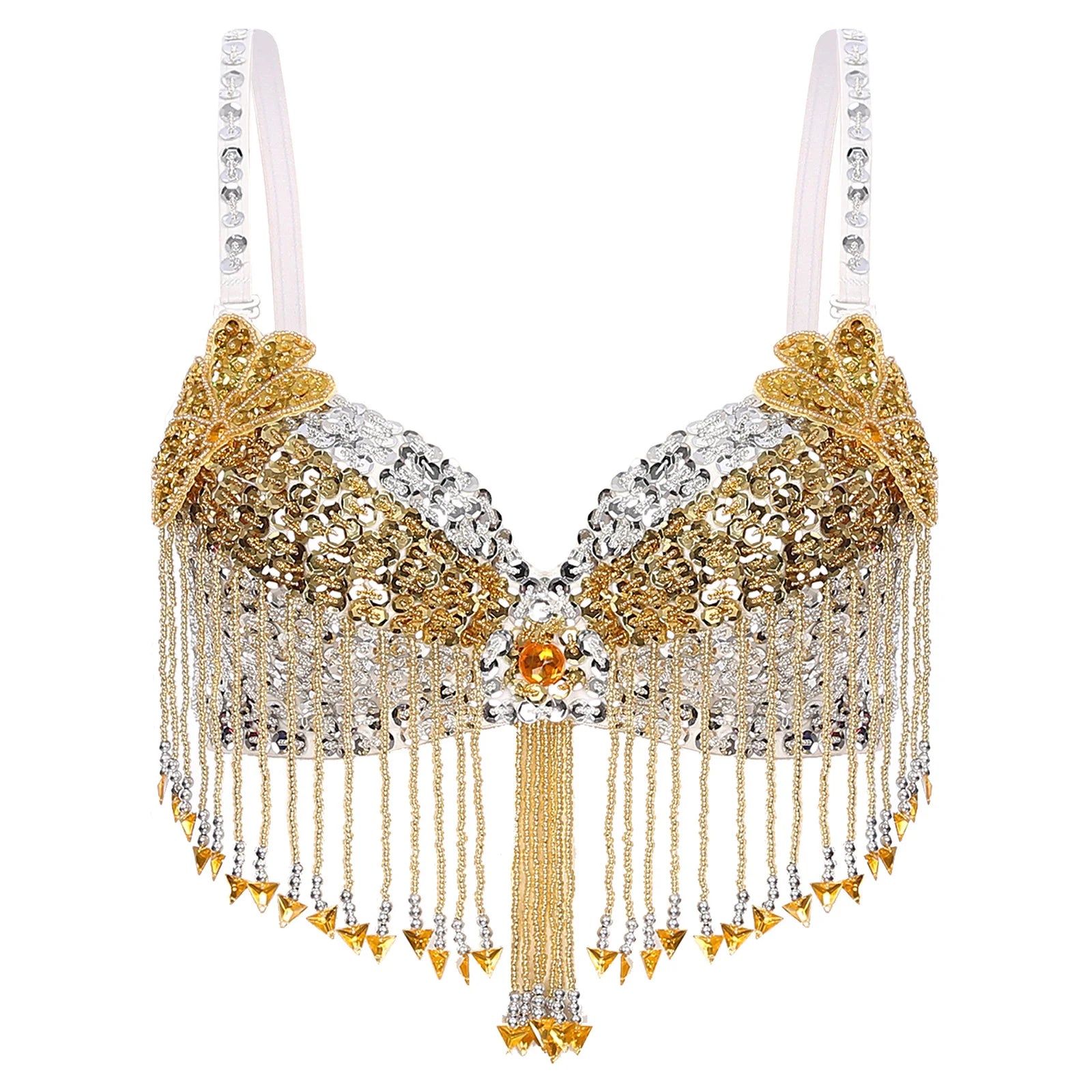 Sparkly Floral Beaded Sequin Belly Dance Bra & Tassel Performance Top