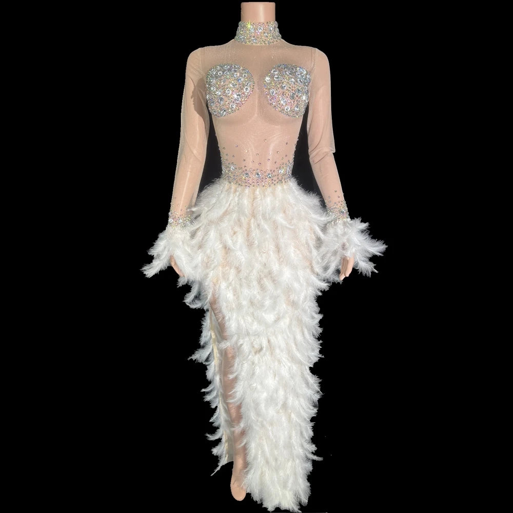 Sparkly White Rhinestone & Feather Sheer Mesh Long Evening Gown Stage Costume