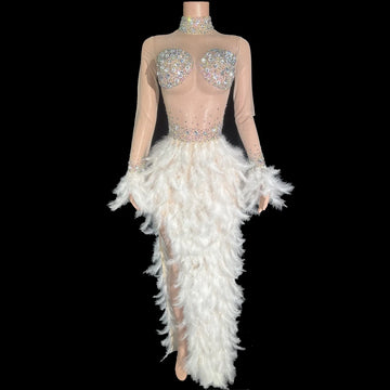 Sparkly White Rhinestone & Feather Sheer Mesh Long Evening Gown Stage Costume
