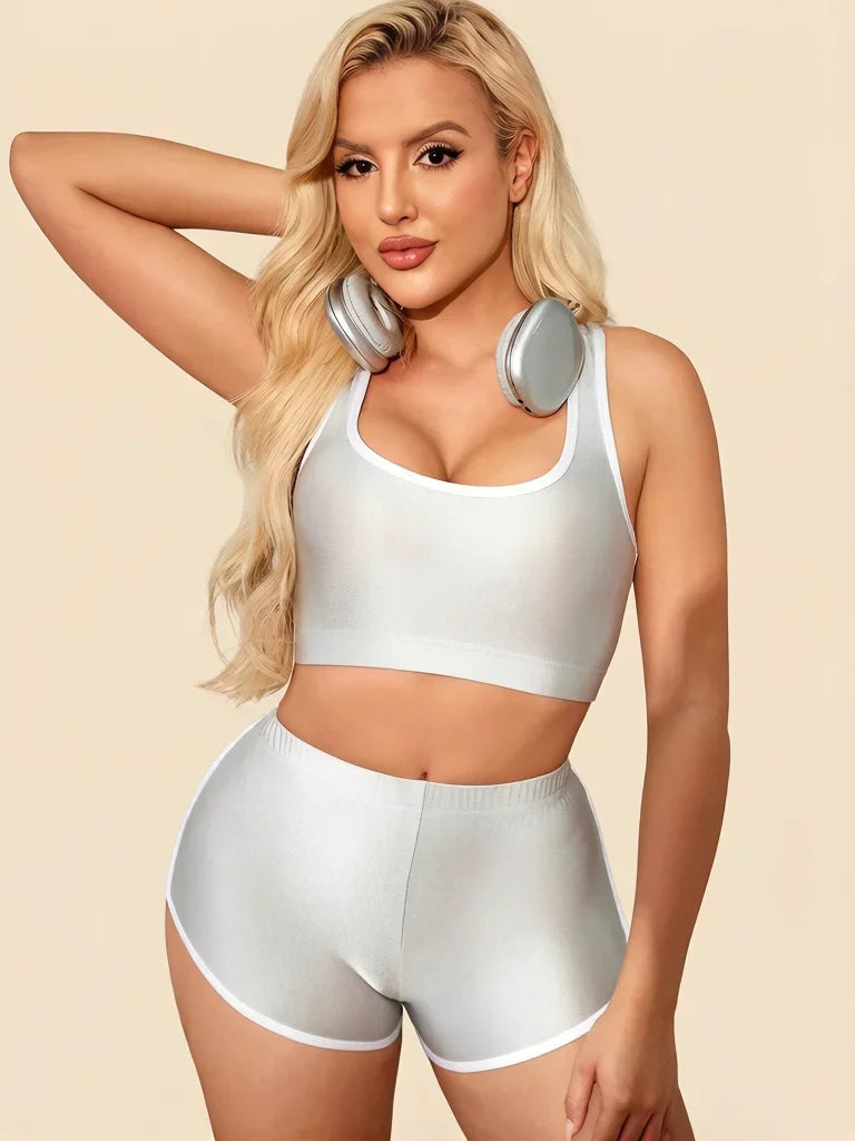 Metallic High-Stretch Crop Tank & Shaping Shorts 2-Piece Activewear Set