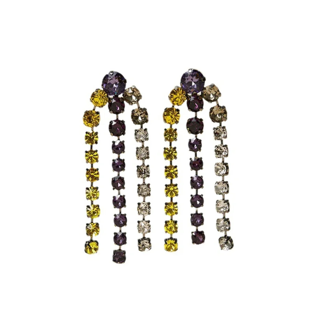 Colorful Crystal Rhinestone Long Tassel Statement Earrings Stage Performance Jewelry