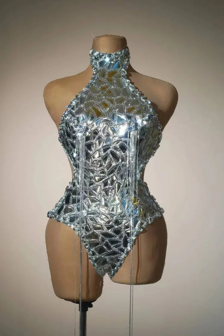 Silver Mirror Asymmetrical Bodysuit, Sculpted Captain Hat & Puffer Bolero Coat 3-Piece Stage Costume Set