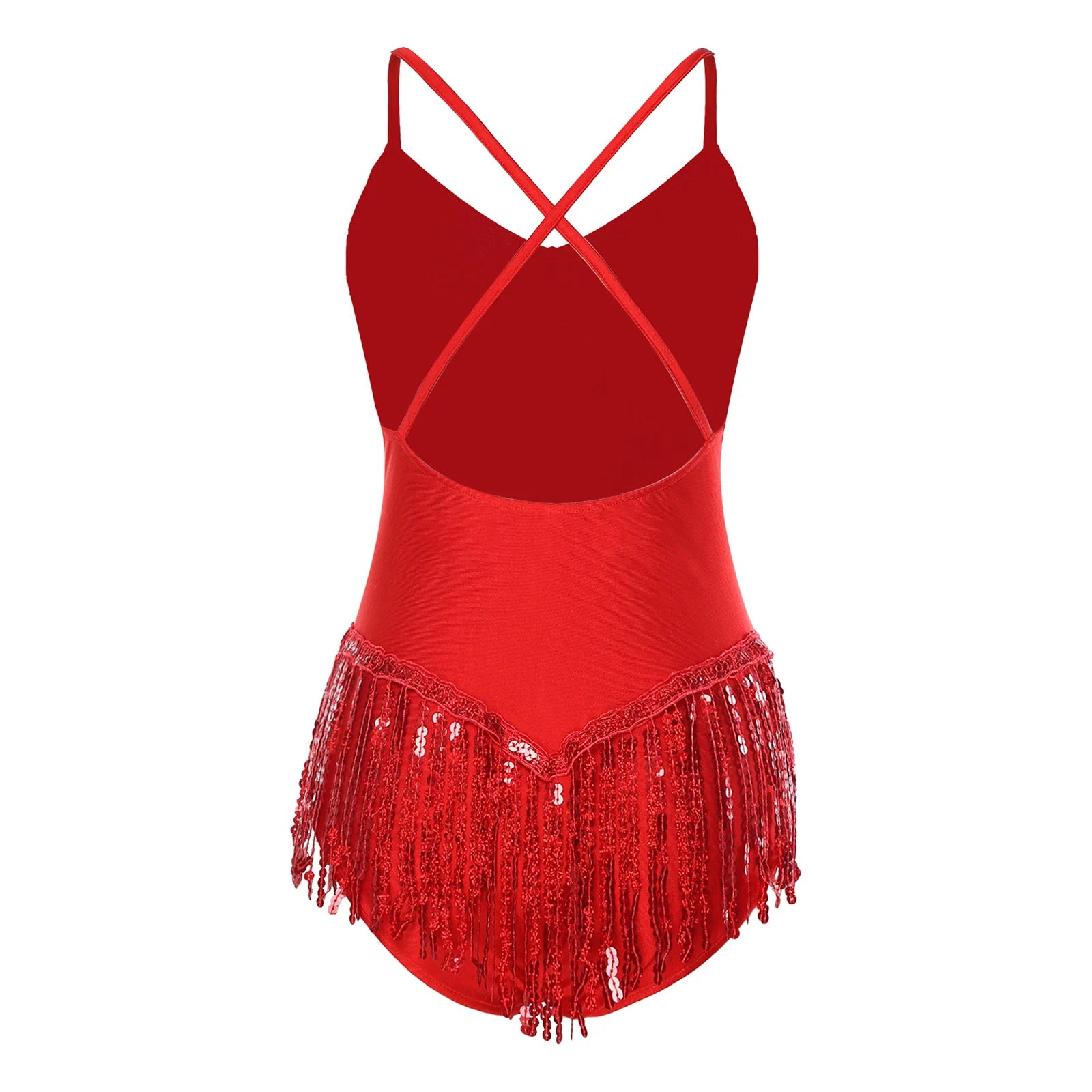 Sequins Fringed Cross Back Latin Dance Leotard Sleeveless V-Neck Bodysuit