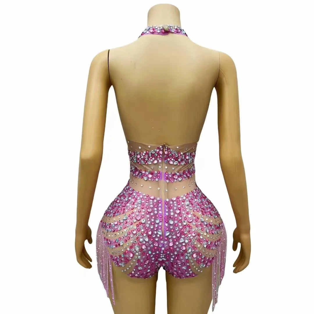 Sparkly Pink Rhinestone & Chain Backless Bodysuit Stage Costume