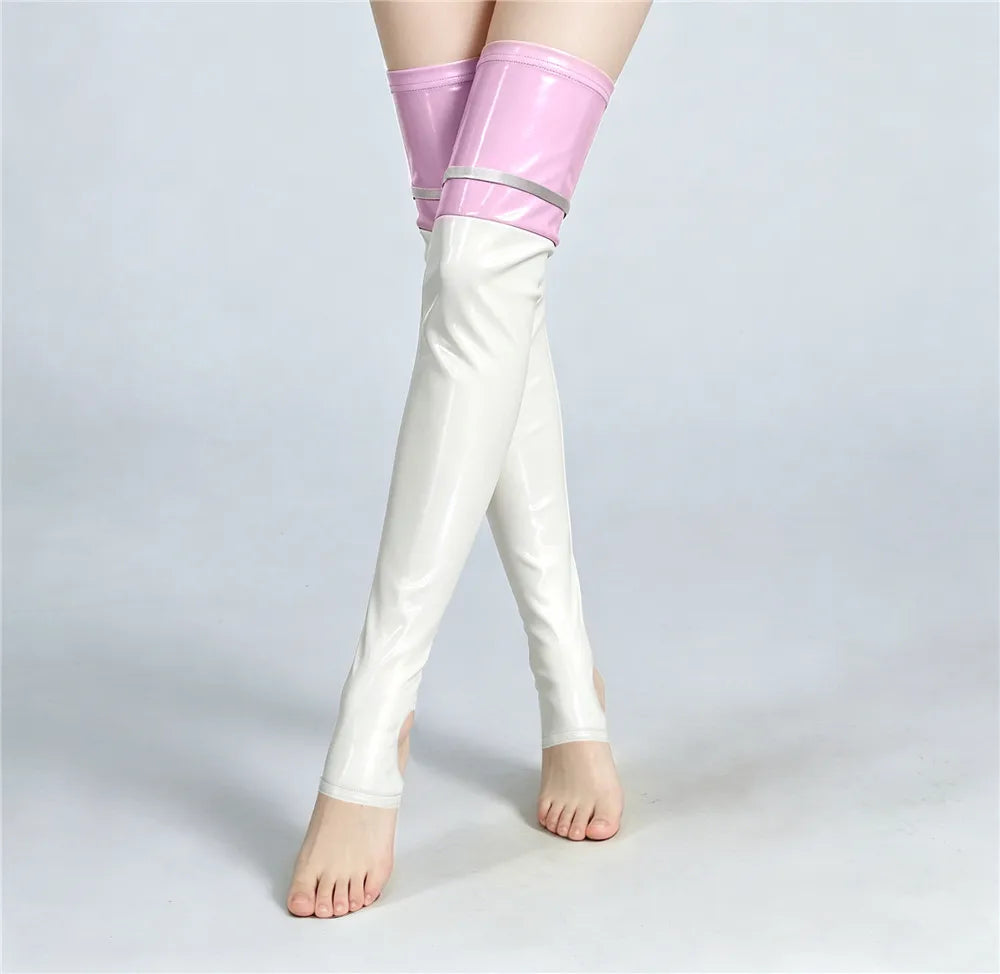 PU Faux Leather Patchwork Thigh-High Open-Foot Boot Stockings