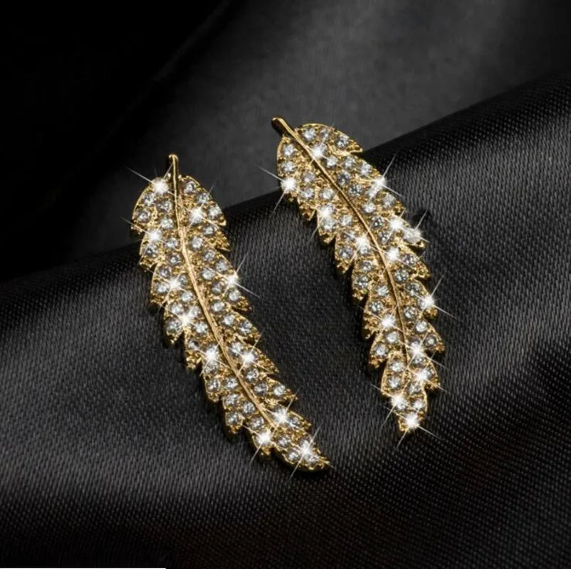 Crystal Leaf Feather Ear Climbers