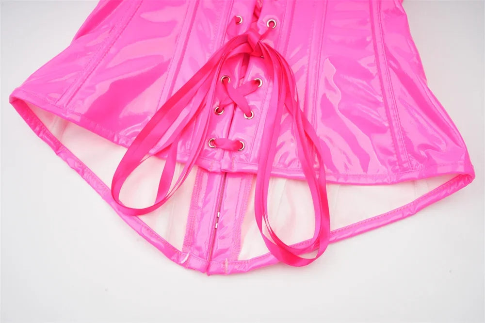 Steampunk PVC Leather Overbust Corset Front Busk Lace-Up Bustier Top