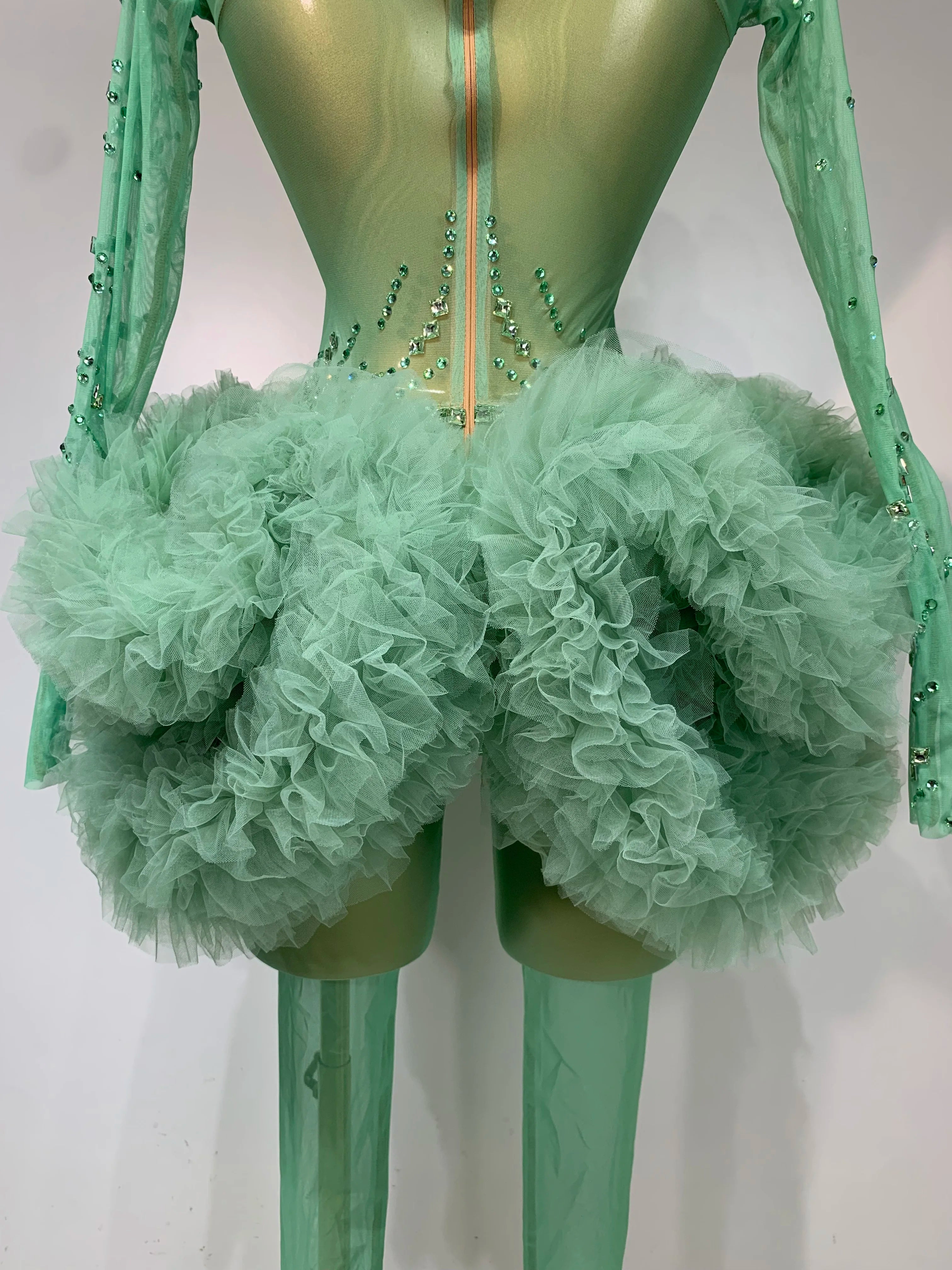 Luxury Green Diamonds Mesh See-Through Long Sleeve Jumpsuit Stage Performance Costume