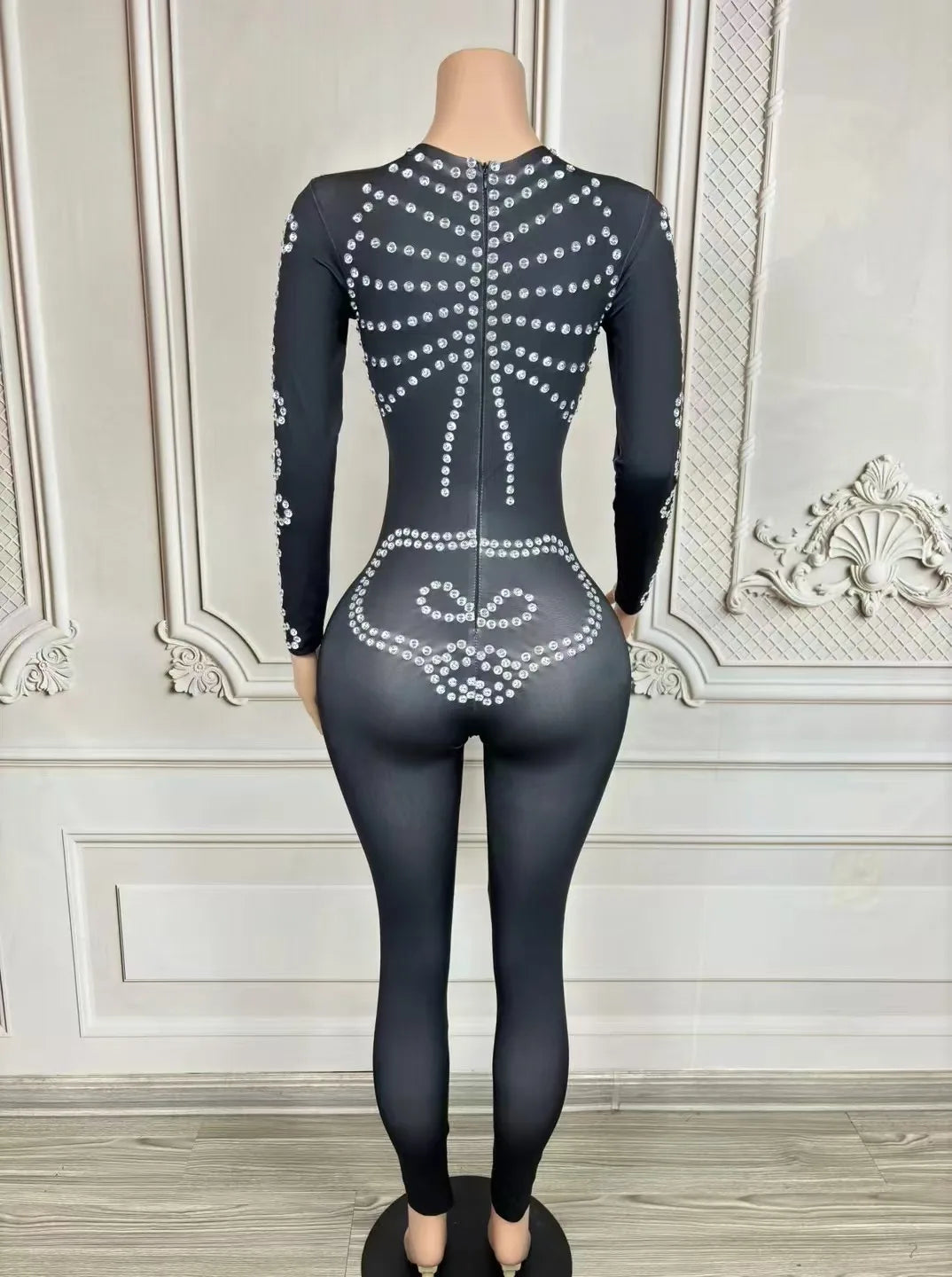 Women's Rhinestone Print Hollow-Out Jumpsuit | Sexy Stage Costume for Nightclub, Festival & Photoshoot