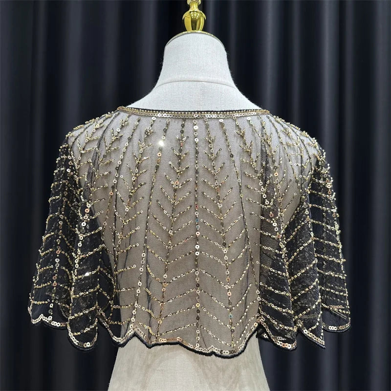 Sparkly Sequin & Beaded Leaf Mesh Capelet Evening Shawl Bolero Jacket