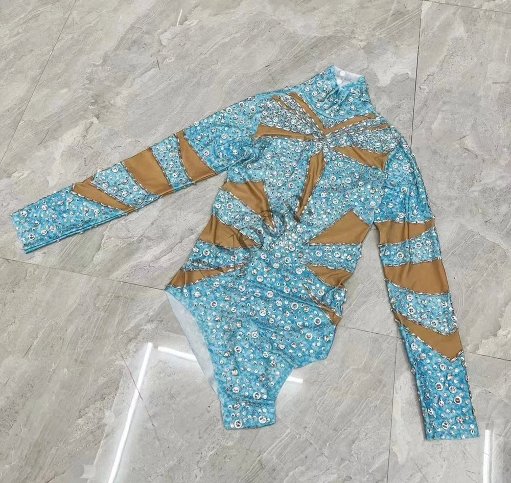 Sparkly Rhinestone Long Sleeve Cutout Bodysuit Stage Performance Dance Leotard
