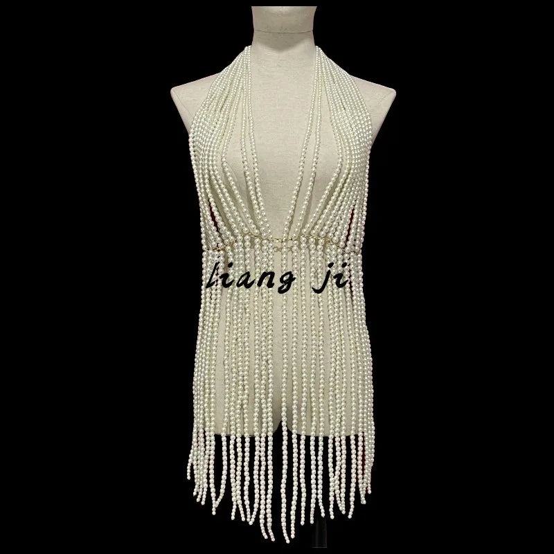 Pearl-Look Tassel Halter Bra Body Chain