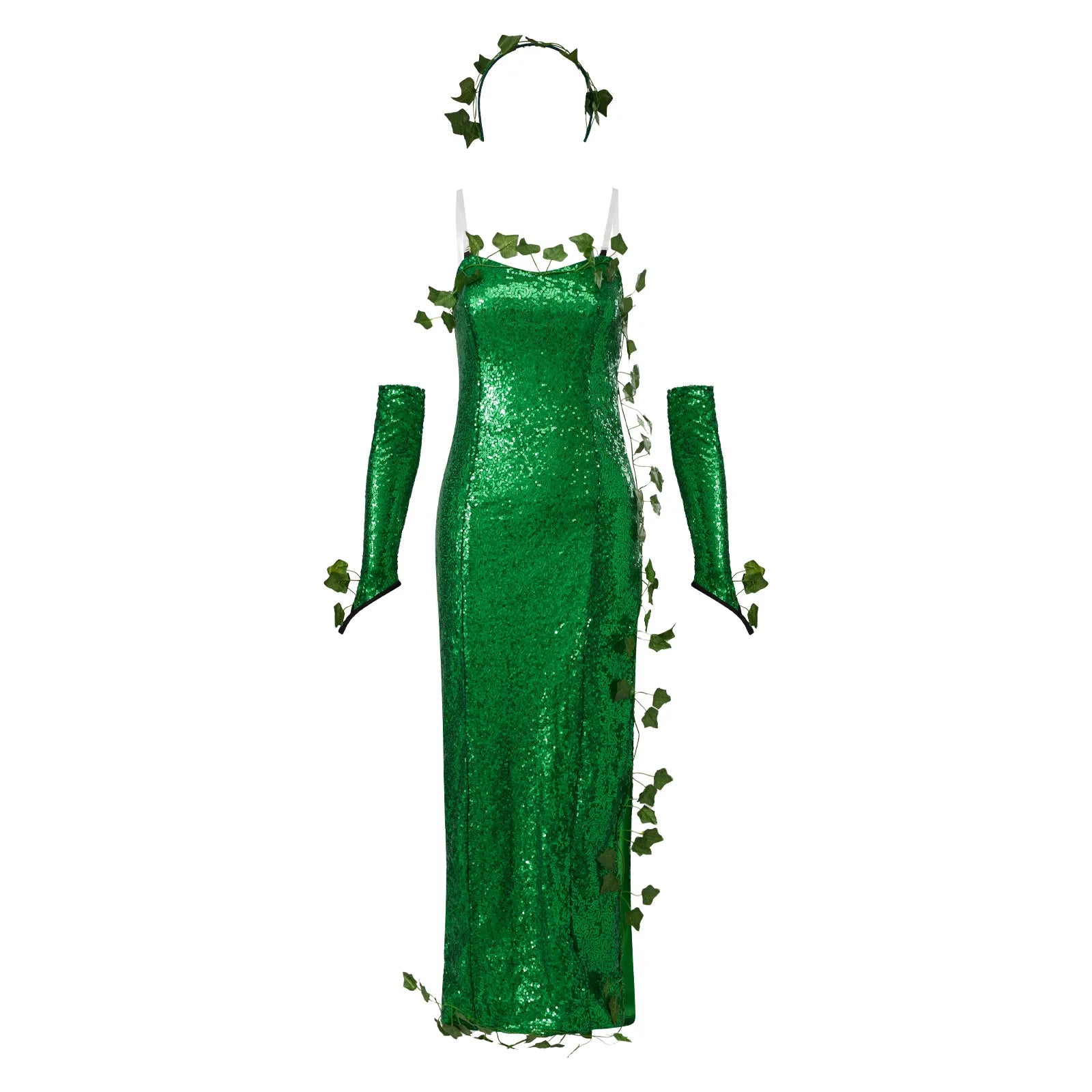 Deluxe Poison Ivy Green Sequin Maxi Gown & Glove Set 3-Piece Halloween Cosplay Costume