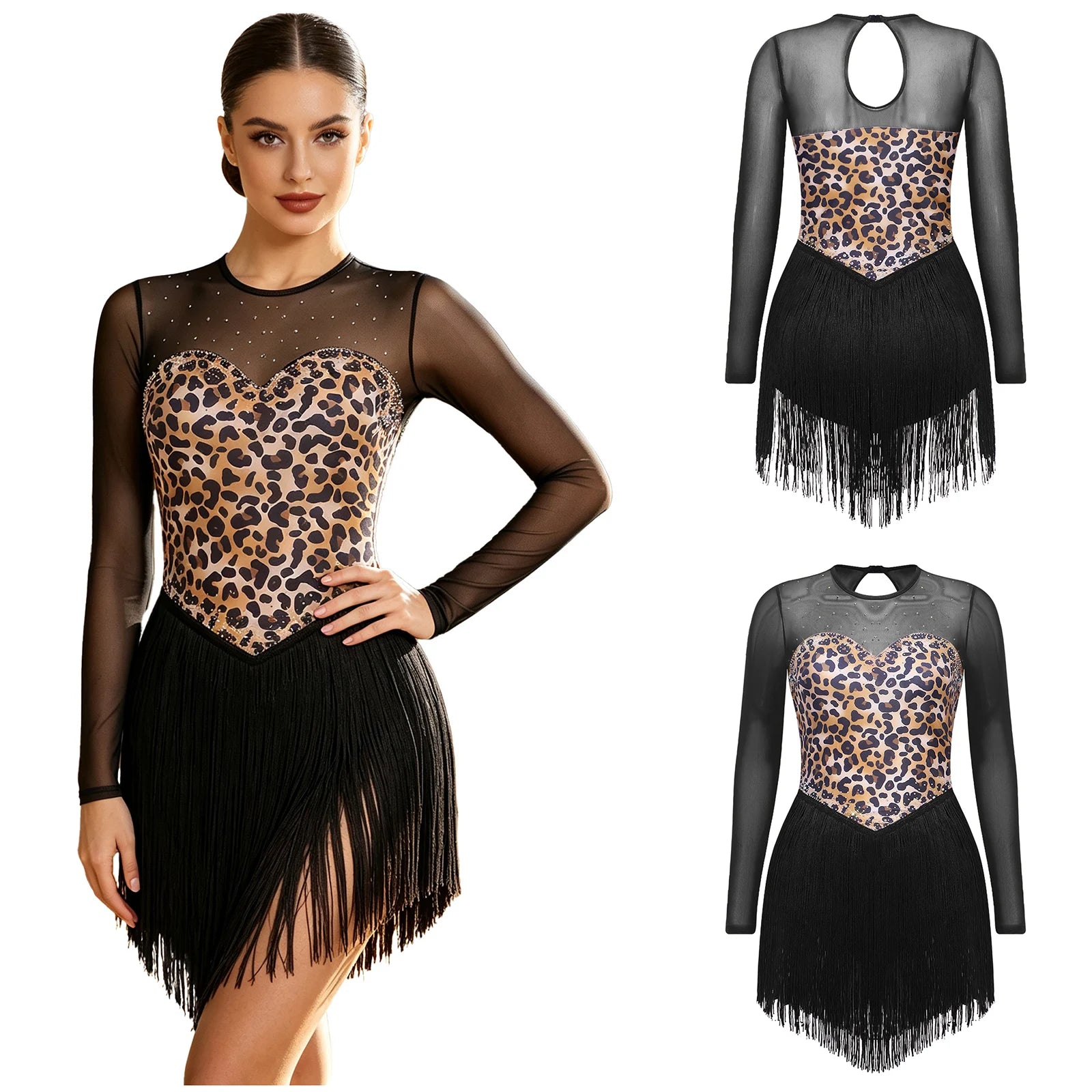 Leopard Rhinestone Fringe Latin Dance Bodysuit Mesh Long Sleeve Stage Performance Dress