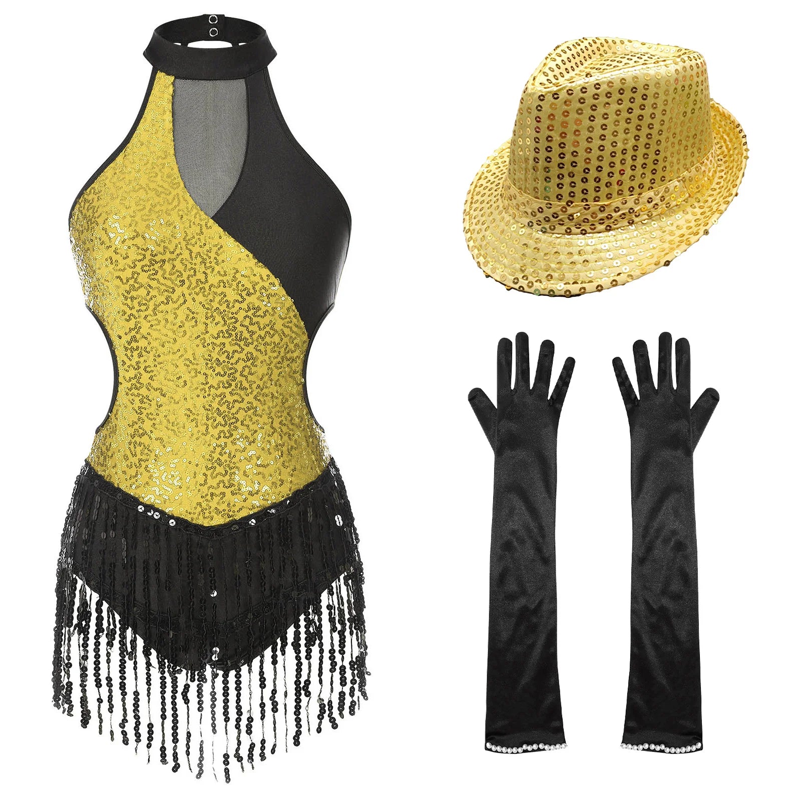 Sequined Fringe Latin Dance & Figure Skating Jumpsuit Leotard Set with Mesh Gloves