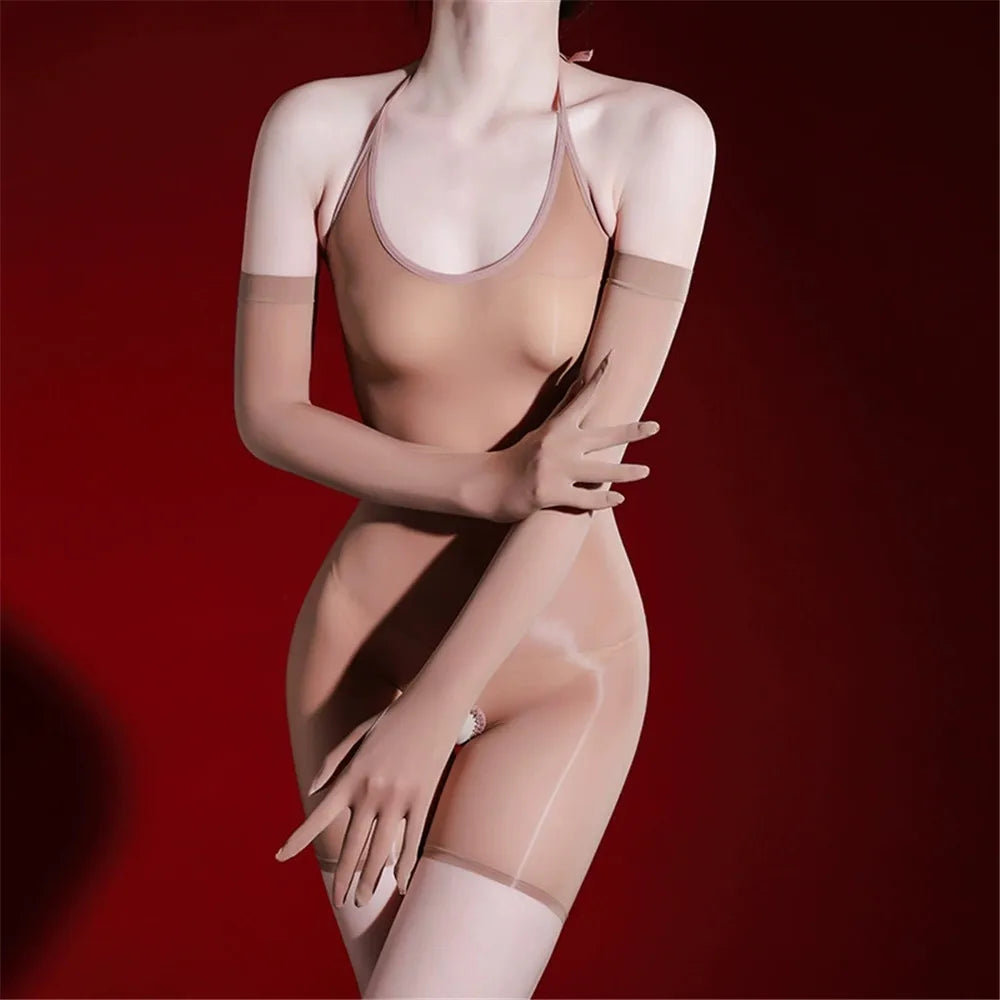 Women 5D Thin Oil Shiny Smooth Bodysuit Stripe Sleeveless Elastic Tights Yoga Shaping Backless Playsuit Maid Leotard With Glove