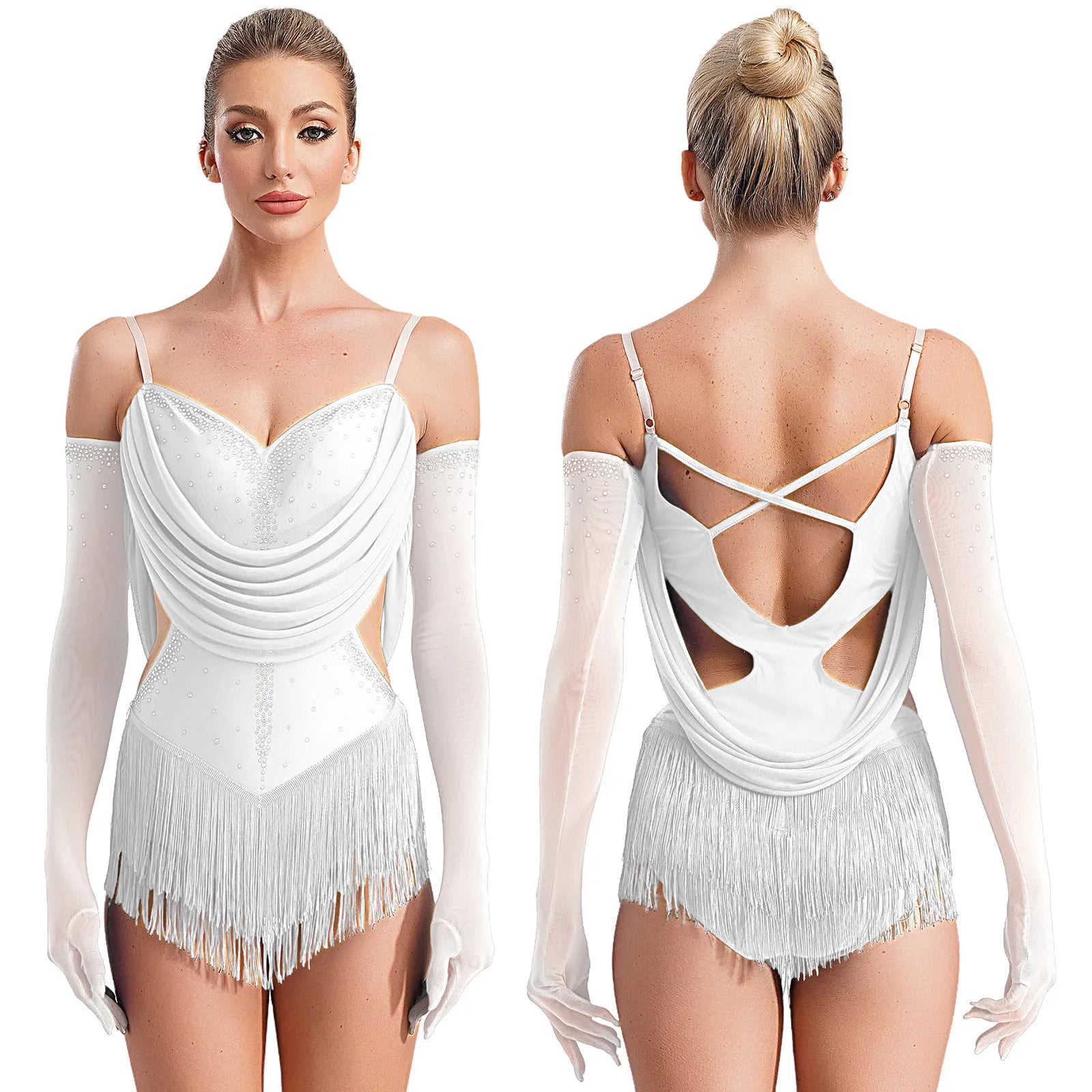 Sparkly Rhinestone & Tassel Fringe Dance Leotard with Gloves Two-Piece Stage Costume