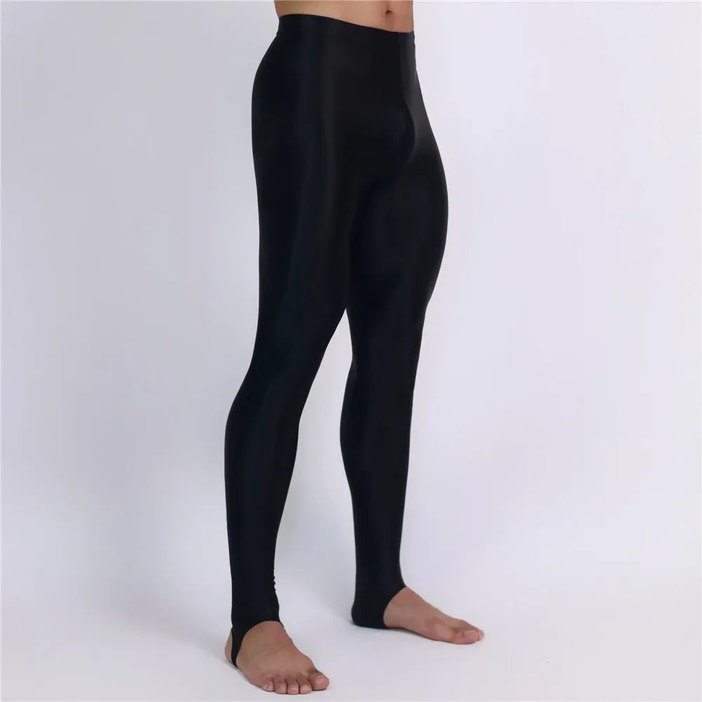 Men's Slim Tights Pencil Pants Stain Smooth  Oil Glossy Shiny Elastic Yoga Leggings Sheer See Through Full Pants Plus Size