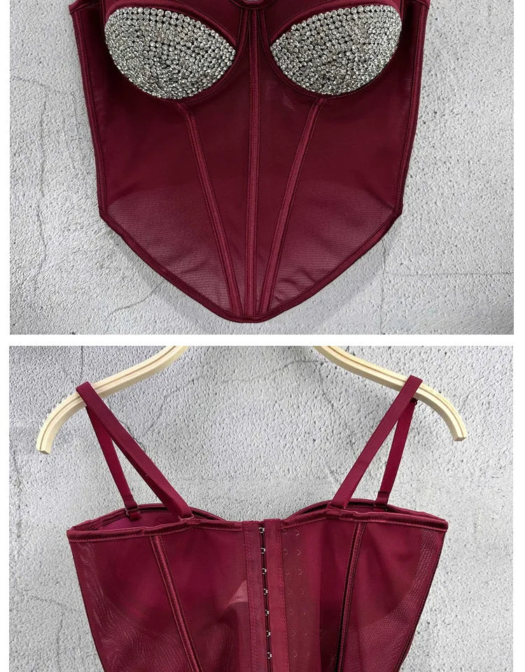Rhinestone Mesh Denim Bustier Corset Crop Top Push-Up Party Bralette