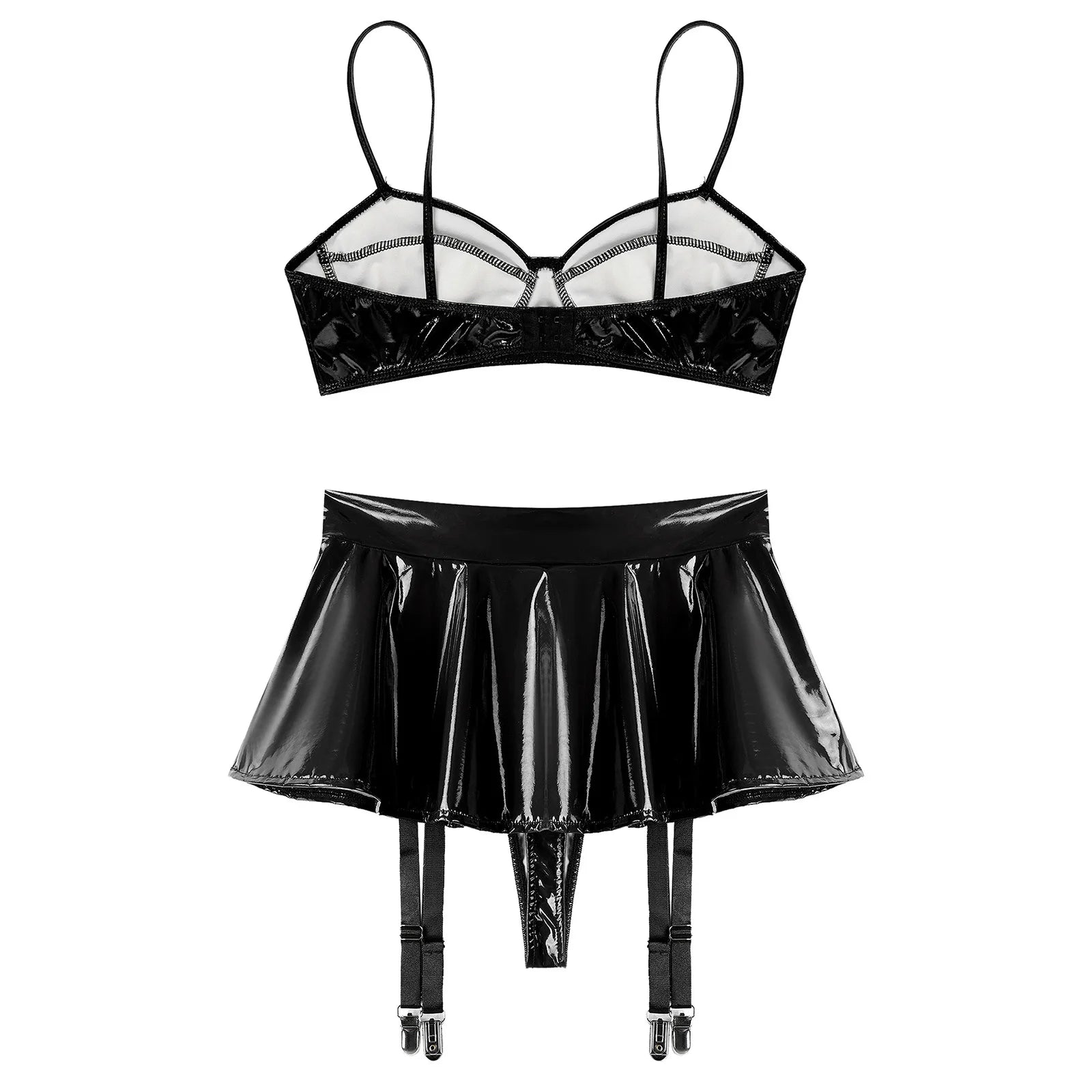 Wet Look PU Leather Bra Top & Ruffled Miniskirt Set with Garter Clips