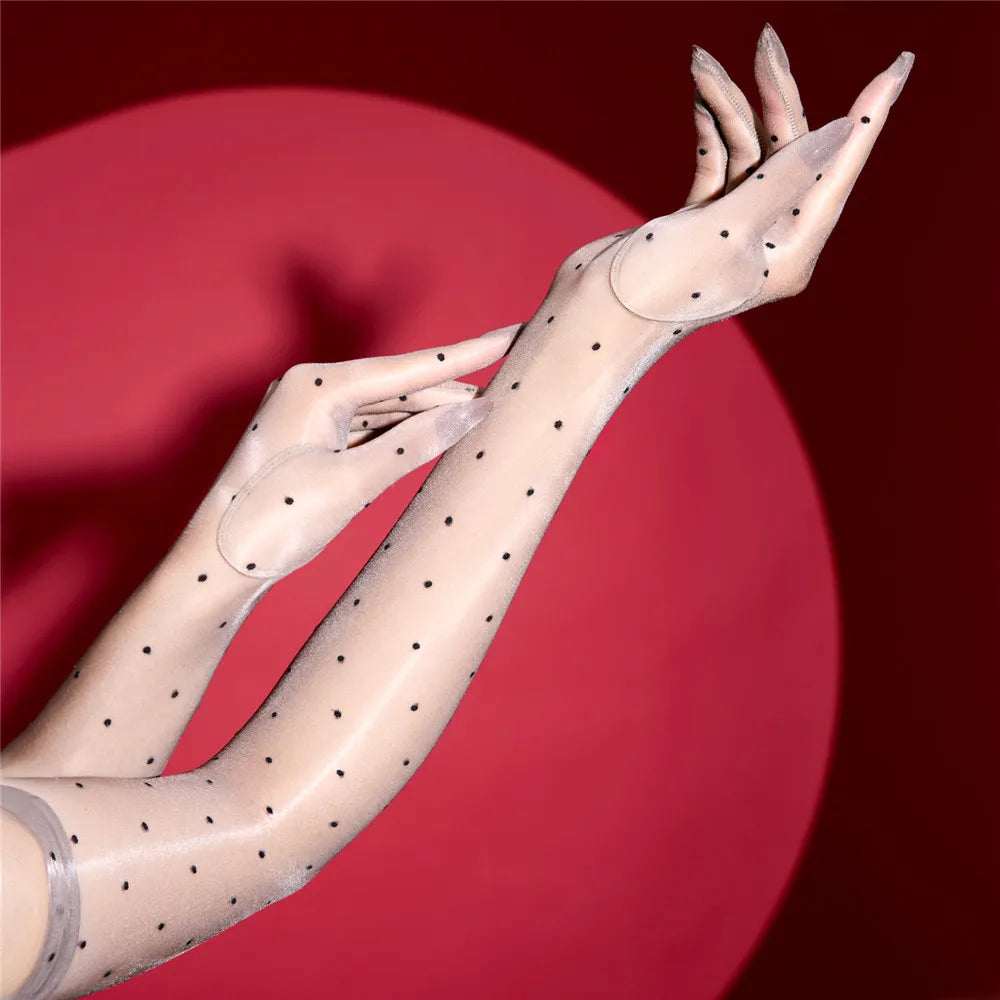 Sexy Women 1D Dot Ultra Thin Five Finger Long Glove Oil Shiny Glossy Sun Protection Glove Elastic Party Wedding Luxury Glove