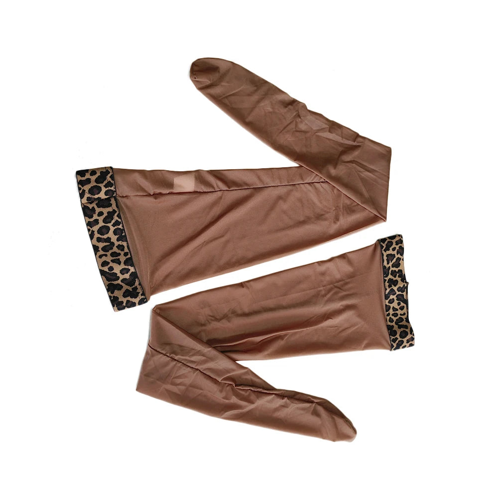 Satin Smooth Oil Shiny Thigh-High Stockings Leopard Print Trim Glossy Tights