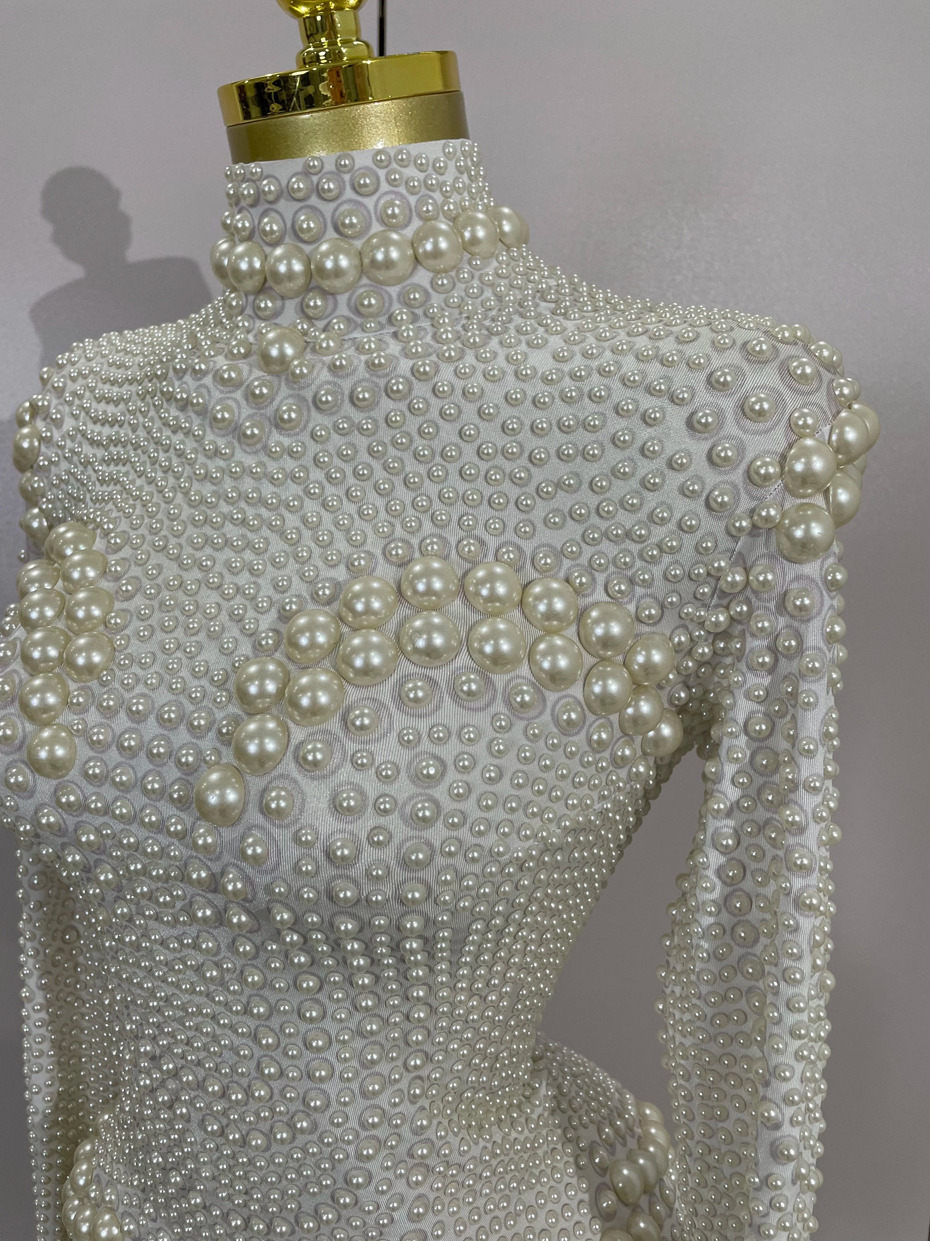 Luxury Full Pearl Long-Sleeved Stage Bodysuit Leotard Evening Performance Costume