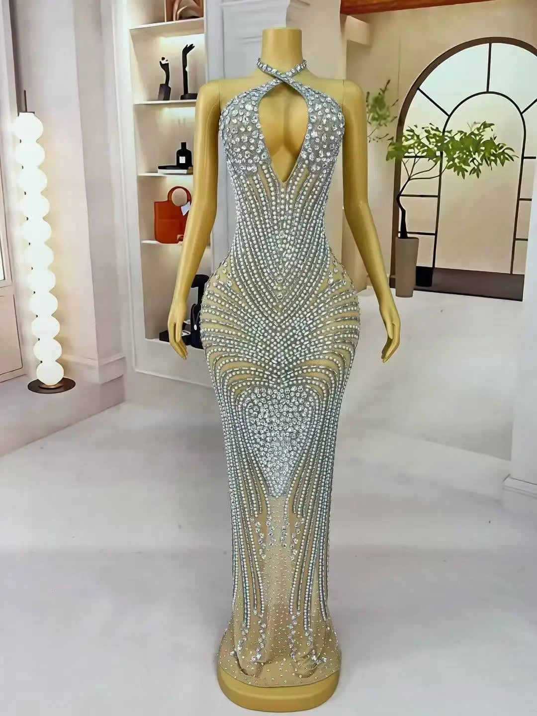 Women's Rhinestone Backless Halter Dress | Shining Red & Silver Gown for Wedding, Birthday & Stage