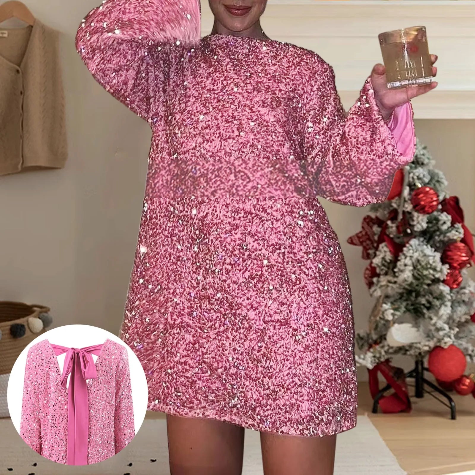 Shiny Sequin Bowknot Long Sleeve Glitter Evening Dress
