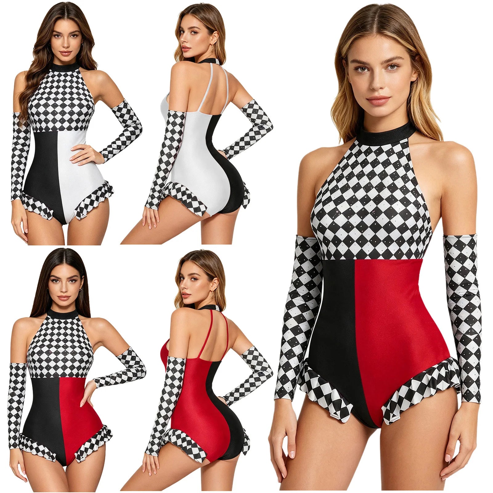 Circus Harlequin Clown Plaid Halter Bodysuit & Arm Sleeves 2-Piece Cosplay Costume Set