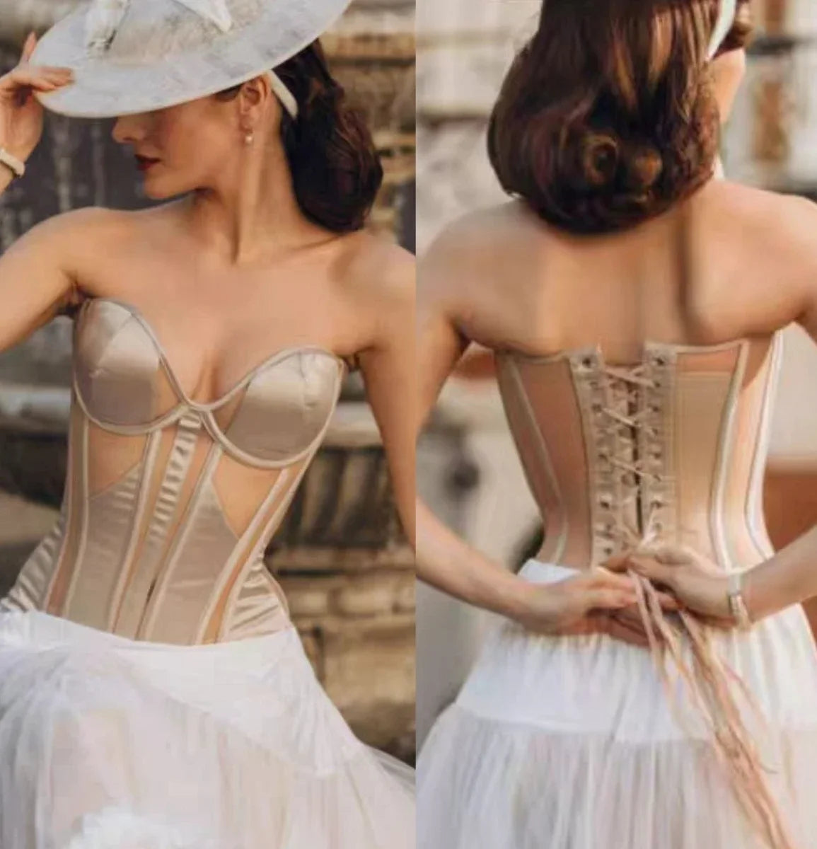 Strapless Breathable Mesh Corset Bustier Built-In Bra Boned Waist Cincher Top