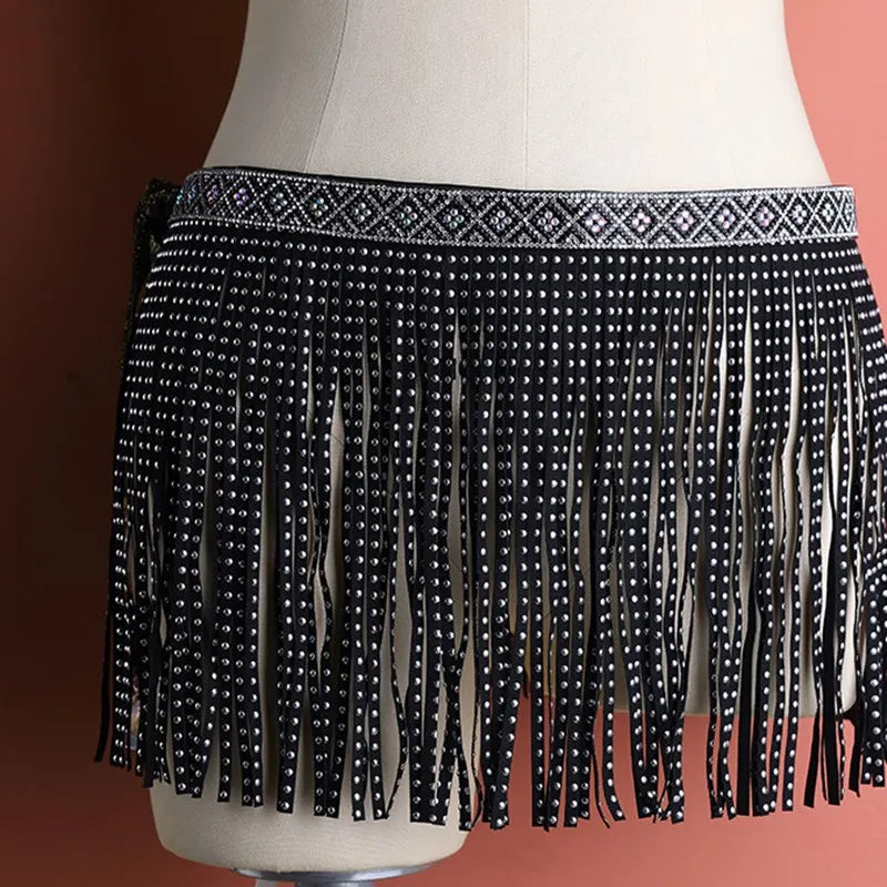 Dazzling Rhinestone Tassel Belly Dance Hip Skirt & Fringe Wrap Belt