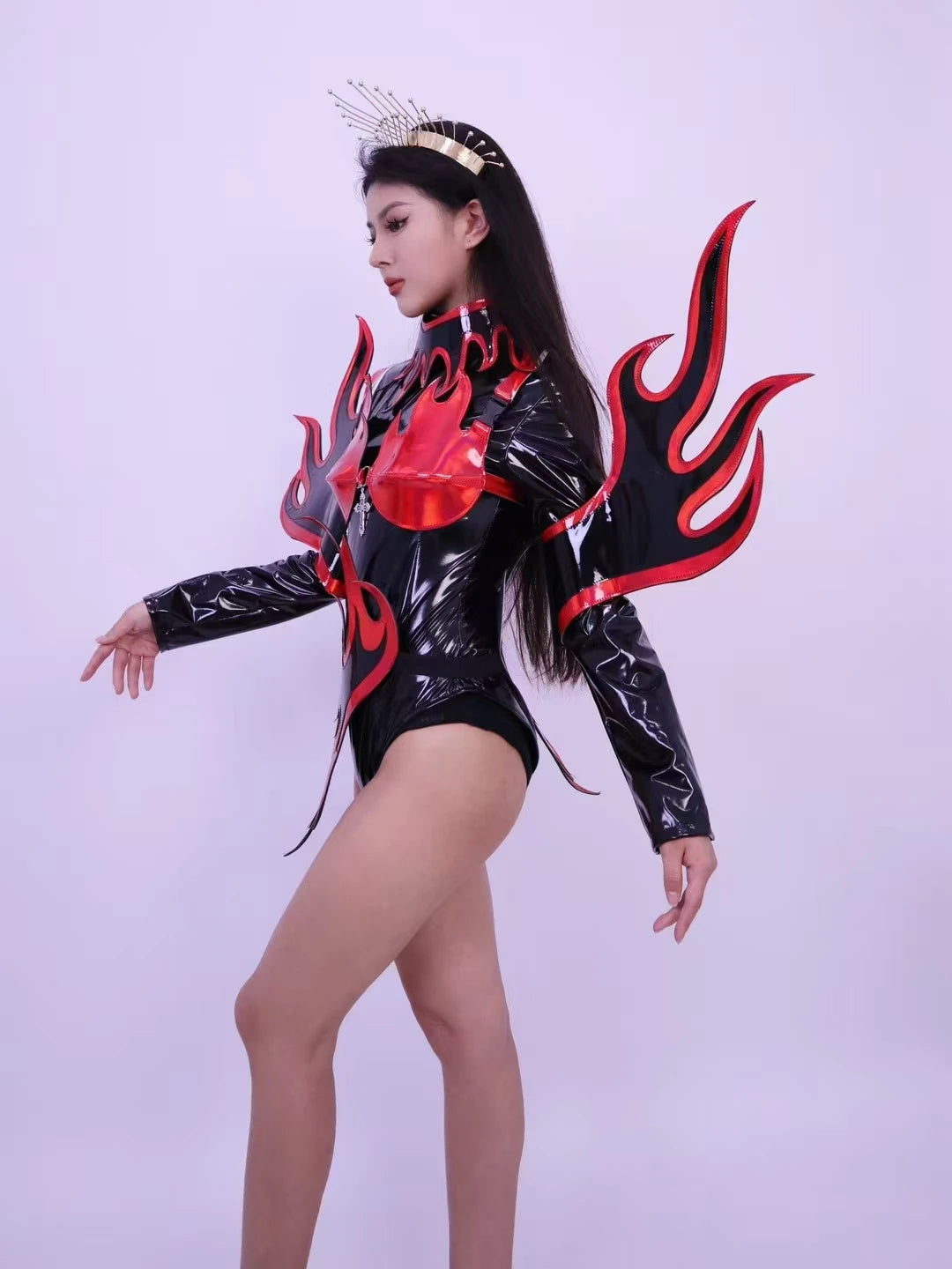 Flame Patent Leather Bodysuit & Sculpted Wing Shoulders 2-Piece Stage Costume Set