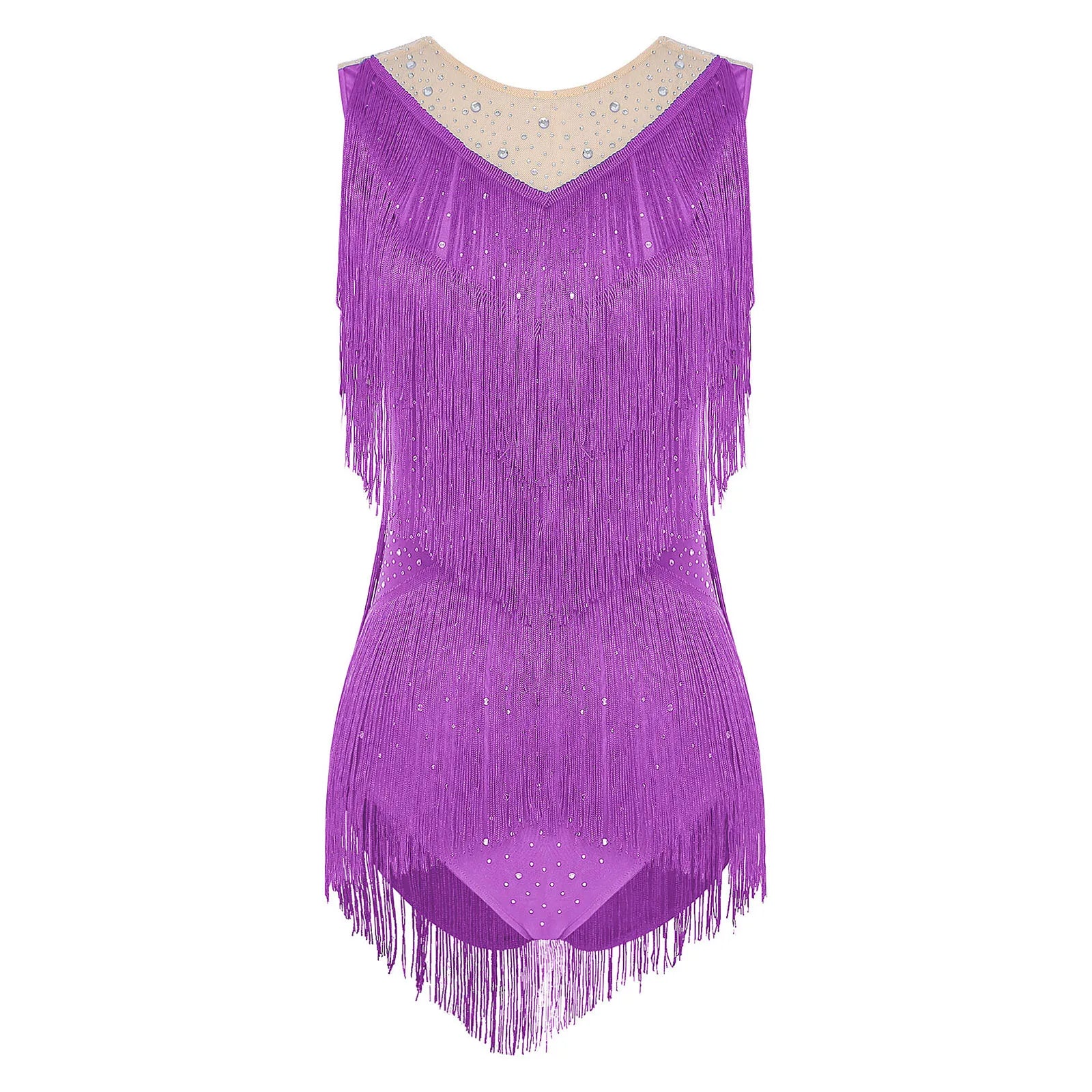 Sparkly Rhinestone & Tassel Fringe Latin Dance Leotard Crew Neck Bodysuit