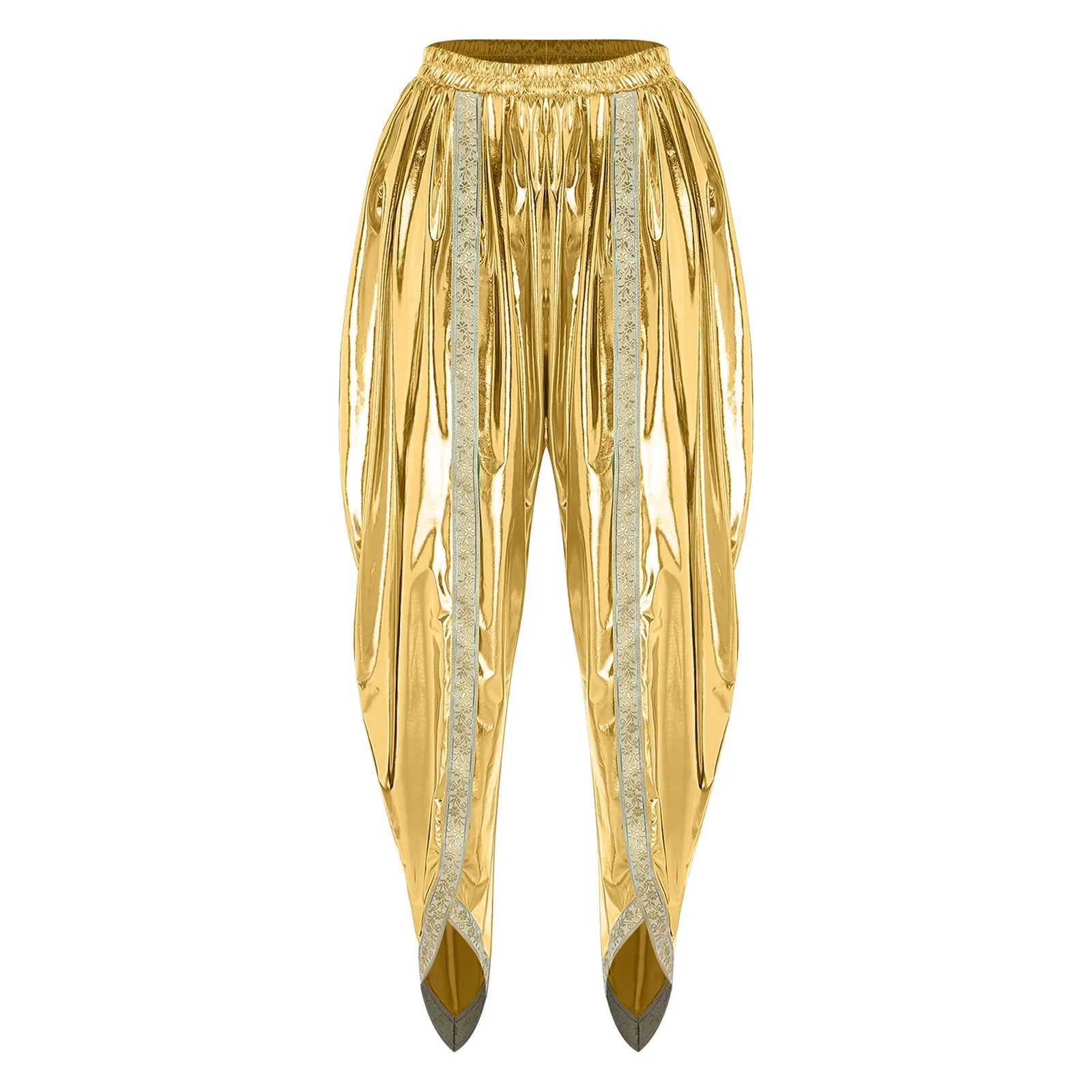 Men's Metallic Shiny Harem Dhoti Pants Gold Brocade Trim Prince Cosplay Costume