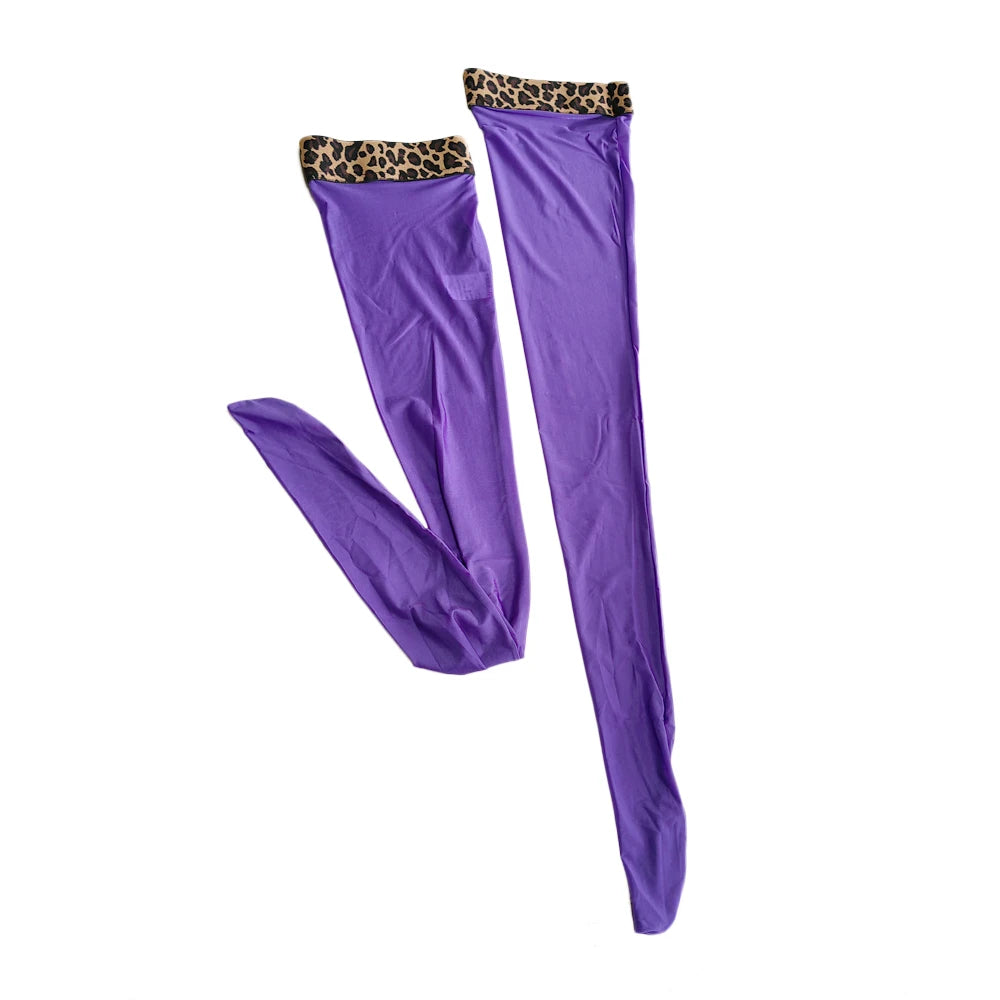 Satin Smooth Oil Shiny Thigh-High Stockings Leopard Print Trim Glossy Tights
