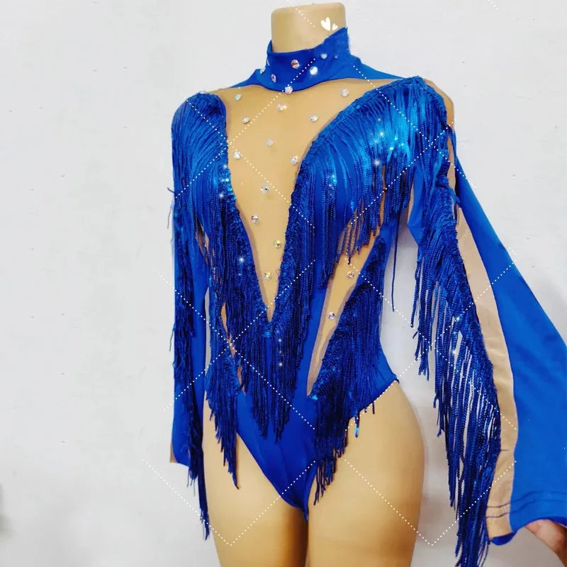 Blue Crystal Sequins Tassel Bodysuit Stage Performance Costume