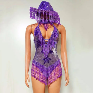 Royal Purple Rhinestone Fringe Bodysuit & Statement Hat Stage Performance Dance Costume Set