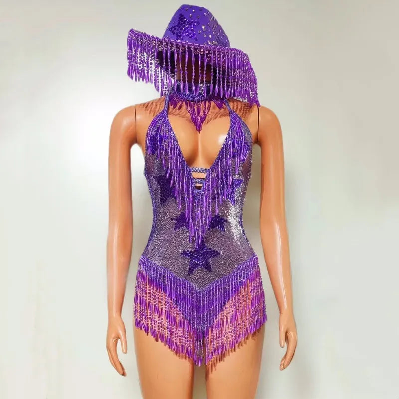 Royal Purple Rhinestone Fringe Bodysuit & Statement Hat Stage Performance Dance Costume Set