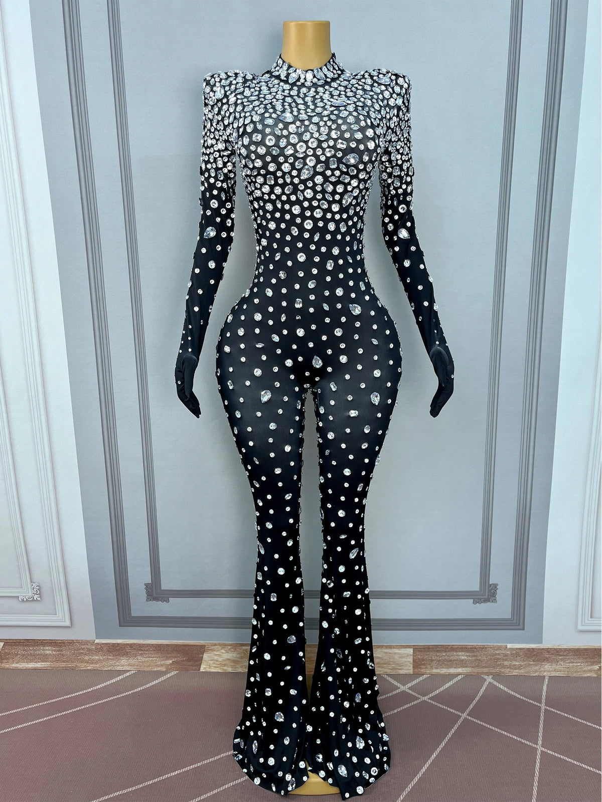 High Grade Sparkly Rhinestones Bell-Bottoms Jumpsuit Cocktail Party Fashion Show Singer Dancer Performance Costume