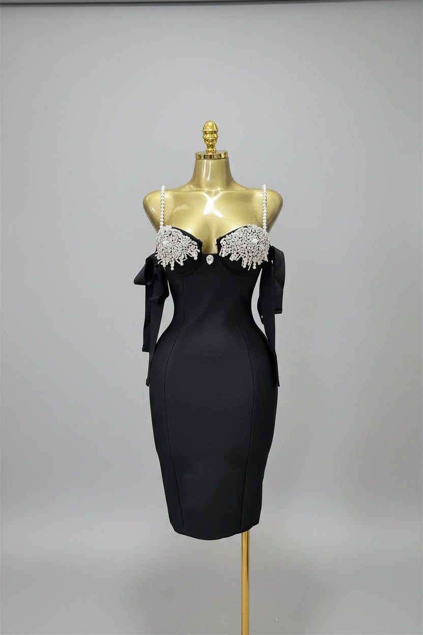 Luxury Pearl Strap Rhinestone Bustier Bandage Mini Dress & Cocktail Party Bodycon