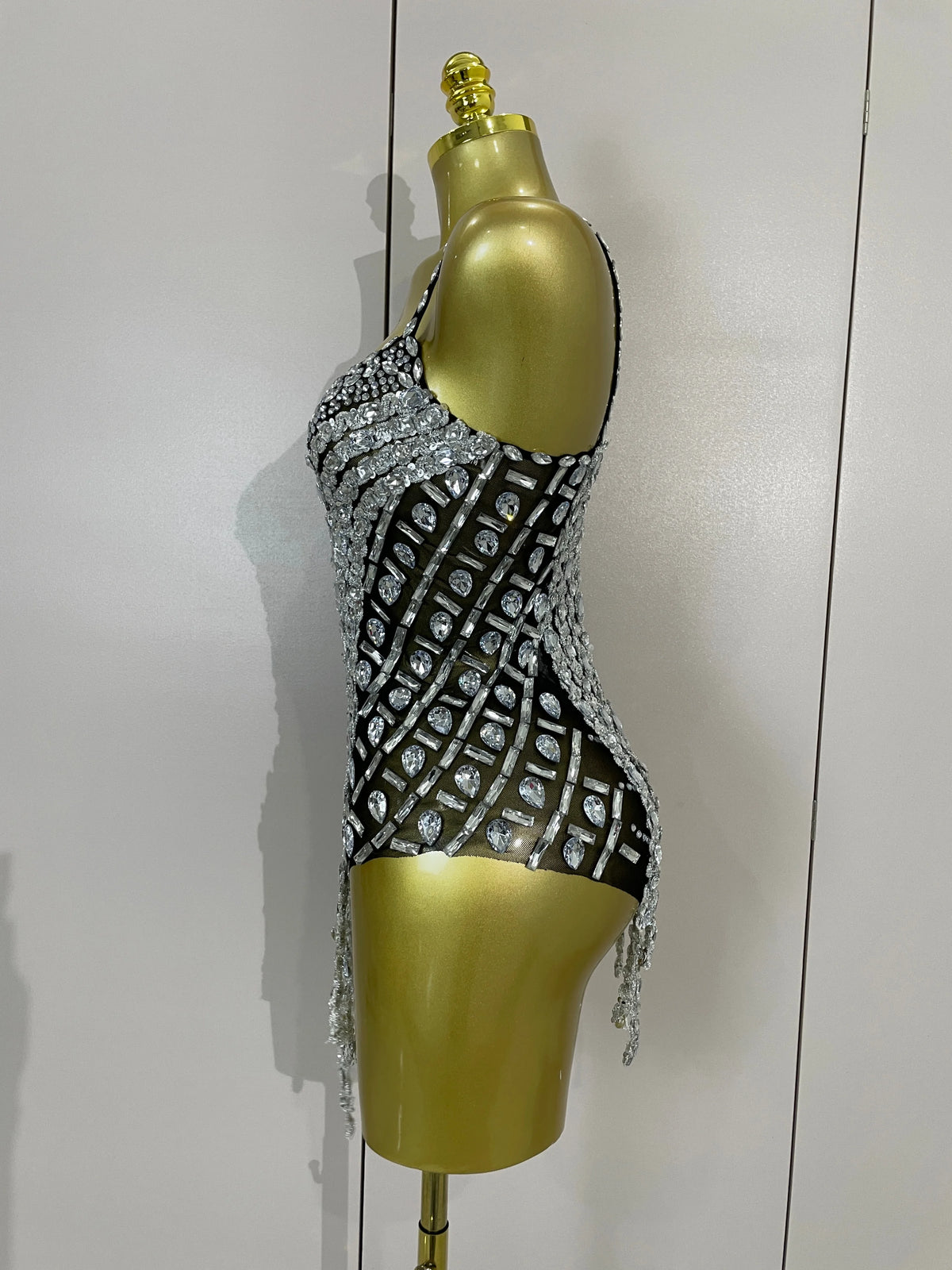 Rhinestone Long Tassel Mesh Bodysuit